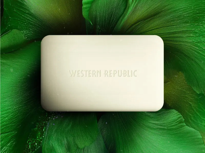 pH-balanced skincare bar with “Western Republic” branding on a vibrant green botanical background.