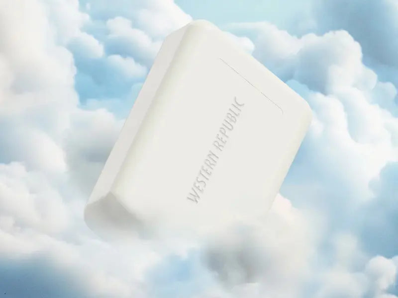 Antioxidant-rich skincare bar labeled Western Republic floating in a sky of soft white clouds.