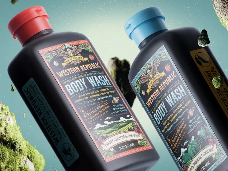 Gentle foaming cleanser bottles floating with natural elements and bold, botanical label designs.