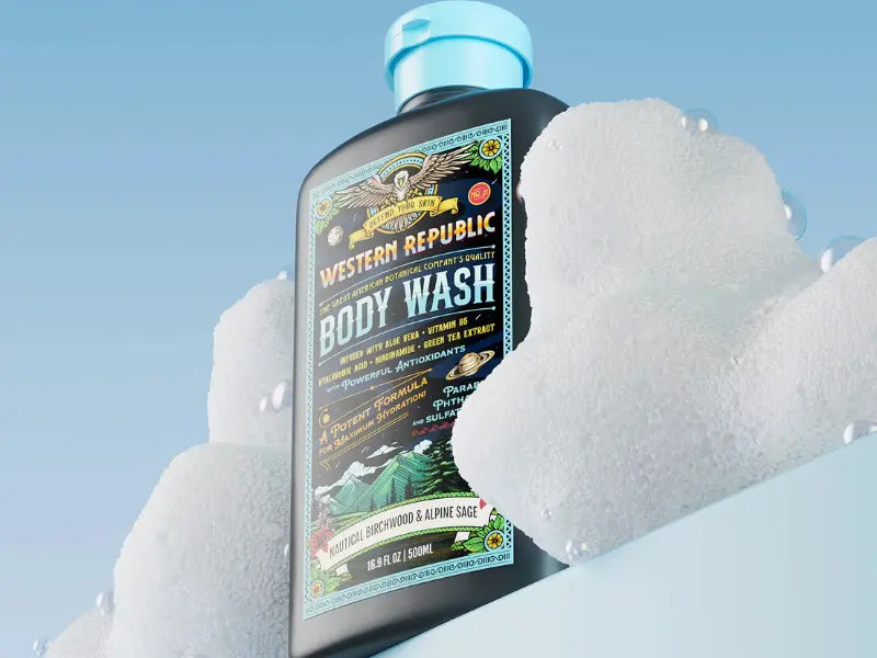 Hydrating body wash for men displayed with rich foam and labeled Nautical Birchwood & Alpine Sage.