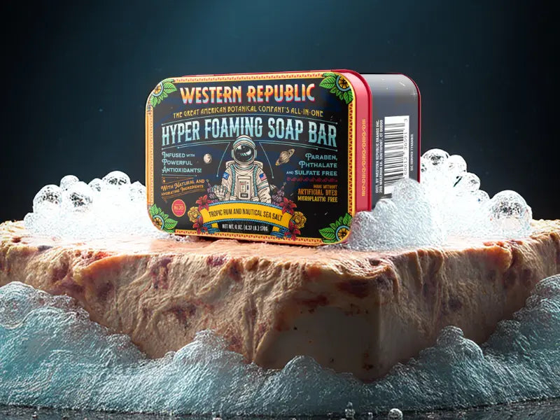 panthenol bar soap Western Republic hyper foaming soap bar tin resting on foamy marble slab