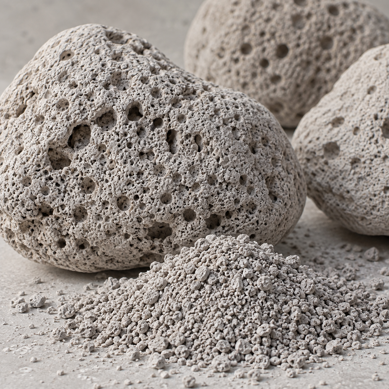 Natural volcanic pumice stones and finely ground granules — exfoliating ingredient
