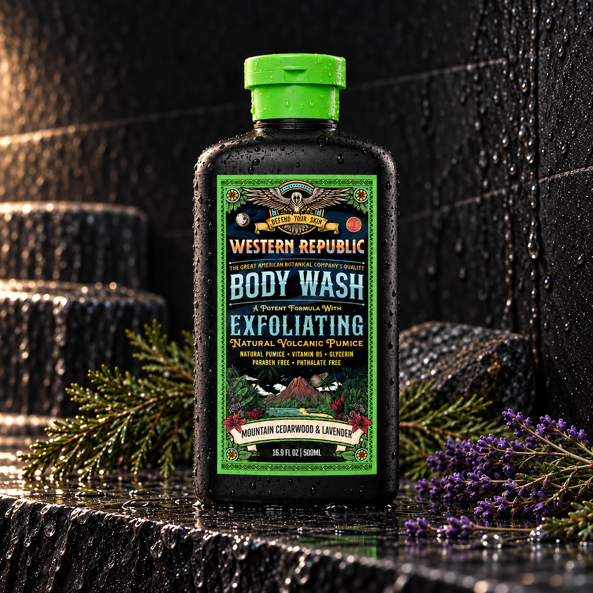 Mountain Cedarwood & Lavender Exfoliating Body Wash on a wet stone shower shelf — square composition